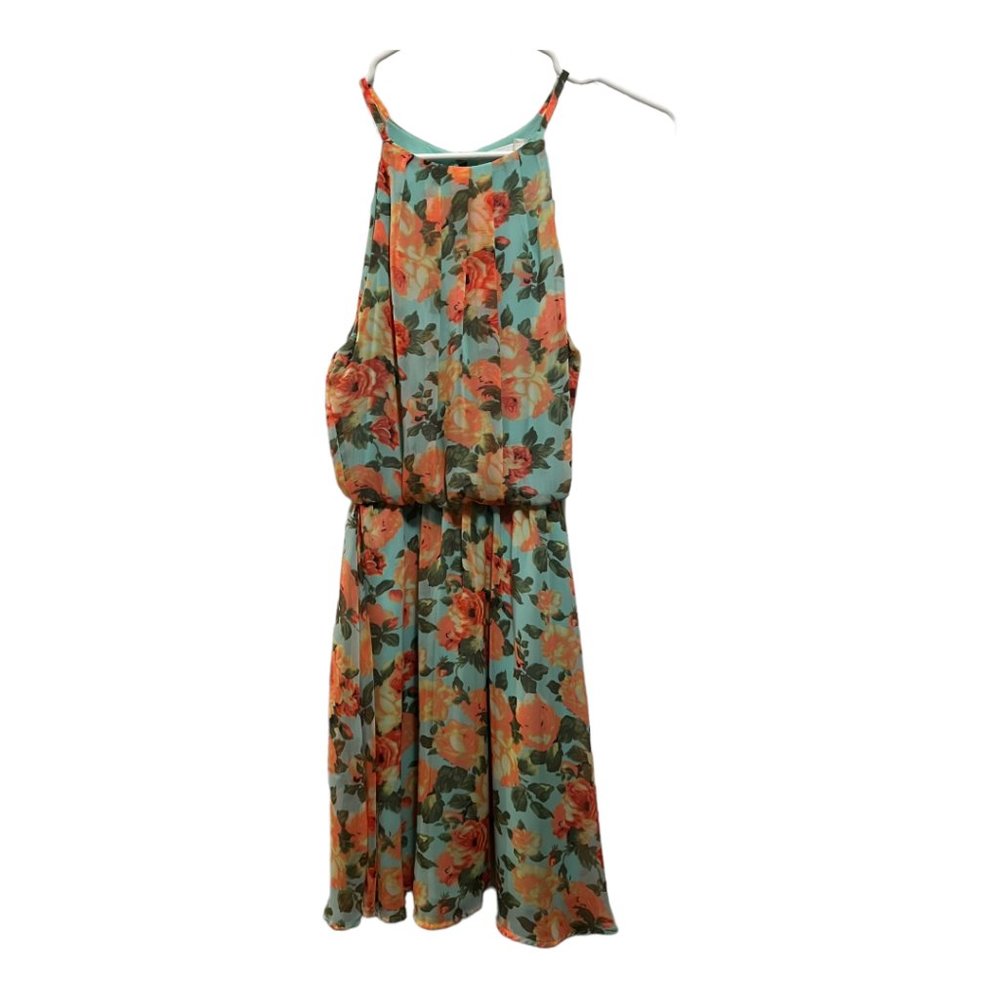 Lush Light Teal and Orange Floral, Sleeveless Summer Dress, Size Small